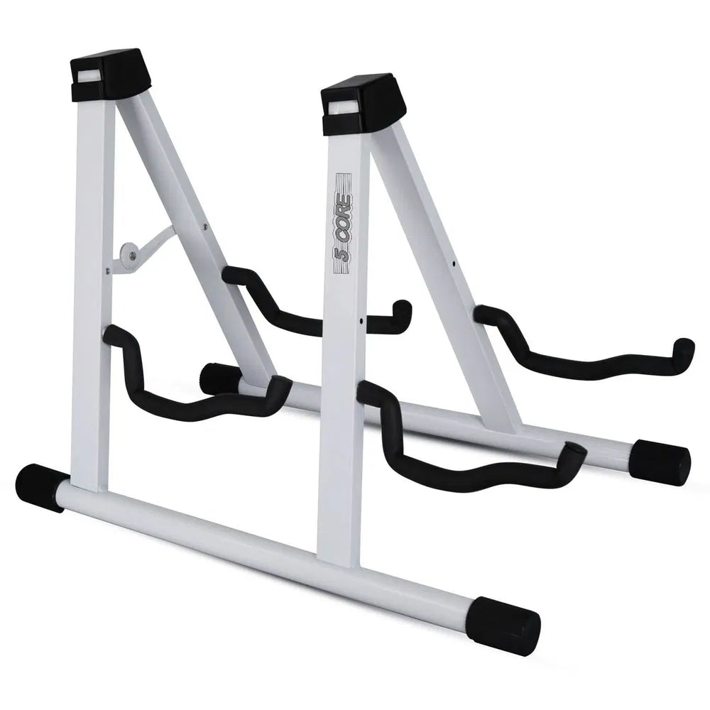 5 CORE Double Guitar Stand Floor Adjustable Heavy Duty A Frame Universal Folding Acoustic Electric Bass Mandolin Banjo Violin Holder Multiple Folding Stands For On Stage Studio Easy Assembly WHITE