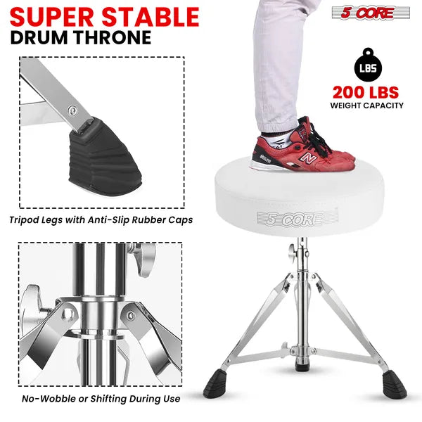 5 CORE Drum Throne Padded Guitar Stool Height Adjustable Music Chair Seat Universal For Adults & Kids With Anti Slip Rubber Feet - DS CH WH