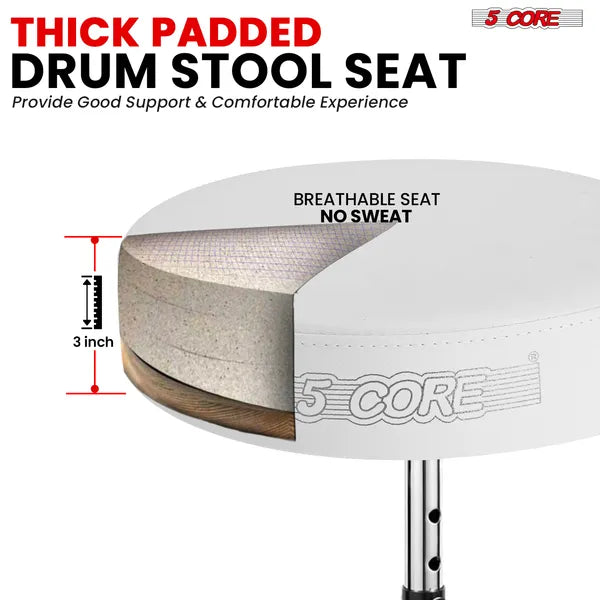 5 CORE Drum Throne Padded Guitar Stool Height Adjustable Music Chair Seat Universal For Adults & Kids With Anti Slip Rubber Feet - DS CH WH