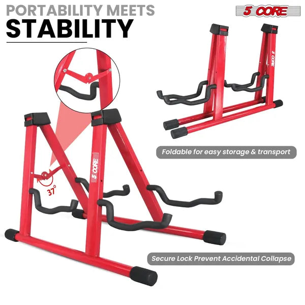 5 CORE Double Guitar Stand Floor Adjustable Heavy Duty A Frame Universal Folding Acoustic Electric Bass Mandolin Banjo Violin Holder Multiple Folding Stands For On Stage Studio Easy Assembly RED