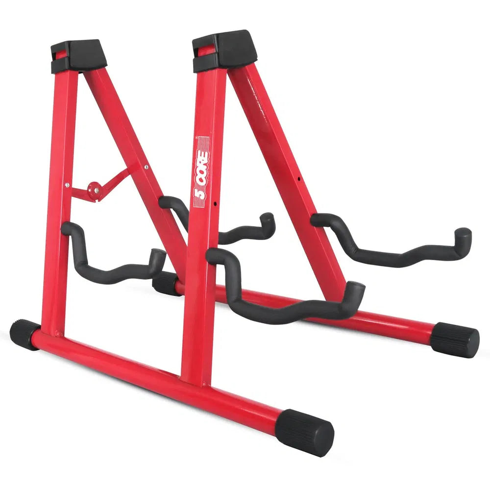 5 CORE Double Guitar Stand Floor Adjustable Heavy Duty A Frame Universal Folding Acoustic Electric Bass Mandolin Banjo Violin Holder Multiple Folding Stands For On Stage Studio Easy Assembly RED
