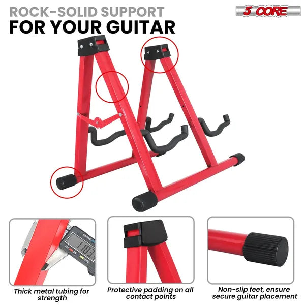 5 CORE Double Guitar Stand Floor Adjustable Heavy Duty A Frame Universal Folding Acoustic Electric Bass Mandolin Banjo Violin Holder Multiple Folding Stands For On Stage Studio Easy Assembly RED