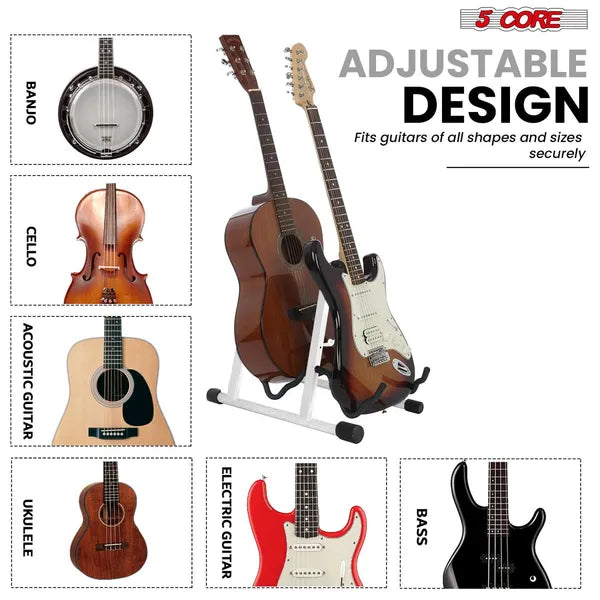 5 CORE Double Guitar Stand Floor Adjustable Heavy Duty A Frame Universal Folding Acoustic Electric Bass Mandolin Banjo Violin Holder Multiple Folding Stands For On Stage Studio Easy Assembly WHITE