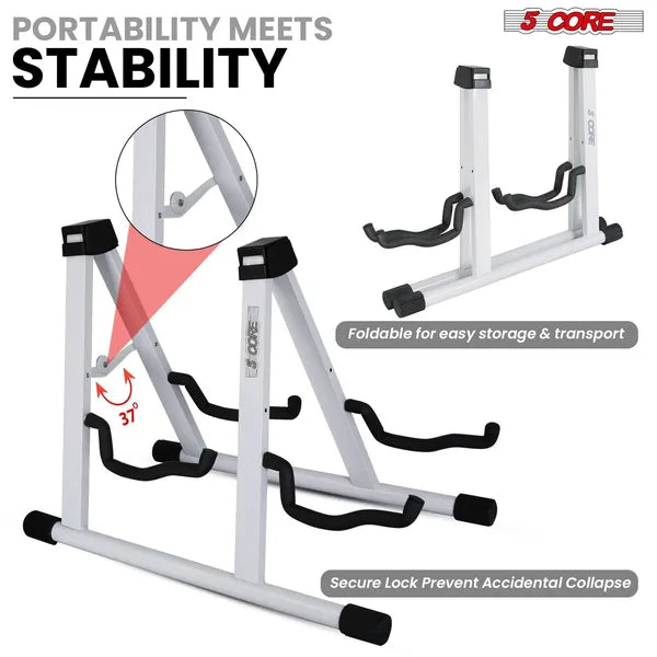 5 CORE Double Guitar Stand Floor Adjustable Heavy Duty A Frame Universal Folding Acoustic Electric Bass Mandolin Banjo Violin Holder Multiple Folding Stands For On Stage Studio Easy Assembly WHITE
